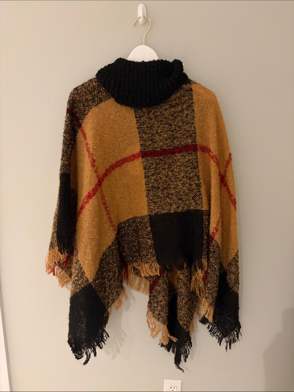 Steve Madden Black Mustard Plaid Fringe Poncho